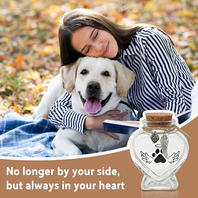 Pet Memorial Gift for Loss of Dog or Cat, 2 PCS Heart Shape Glass Jar & Bottle for Fur, Hair, Whiskers or Ashes Keepsake Urn with Cork Top, Charms for Cute Rainbow Bridge Memorial, Dog