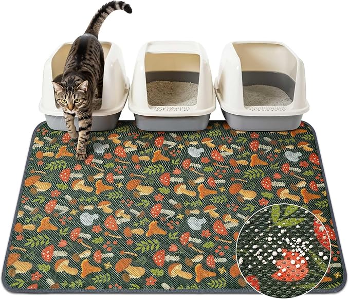Unicorn Catcher 40X30in Cat Litter Mat Machine Washable Soft 3D Air Mesh Litter Box Rug Non-Slip Backing Quick Dry Scatter Control for Paws,Green Mushrooms
