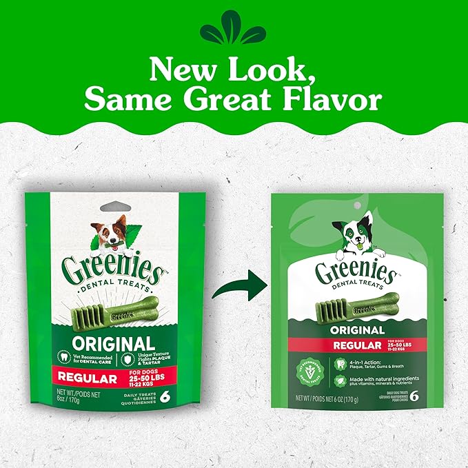 Greenies Veterinarian-Recommended Adult Natural Dental Dog Treats Regular Size, Dog Dental Chews, Original Flavor, 6 oz. Pack, 6 Count