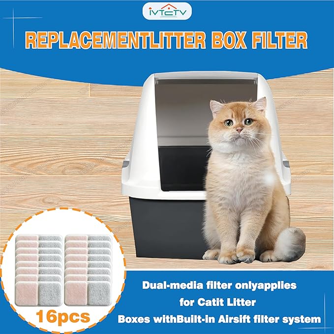 16 Pack Filter Replacement Compatible with Catit Airsift Jumbo/Regular/Smartsift Box, Dual Action Filter to Keep Catit Litter Box Fresh Smell，Cat Litter Box Filters Pads Replacement