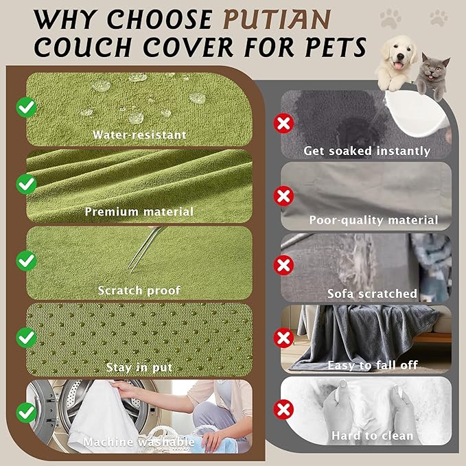 PuTian Couch Cover for Dogs - Waterproof Anti-Scratch Washable Non Slip 3 Cushion Cover Blanket L Shaped Recliner Sectional Arm Chair Sofa Slipcover for Pet Cats Kids, 71''X134'' Boho Green