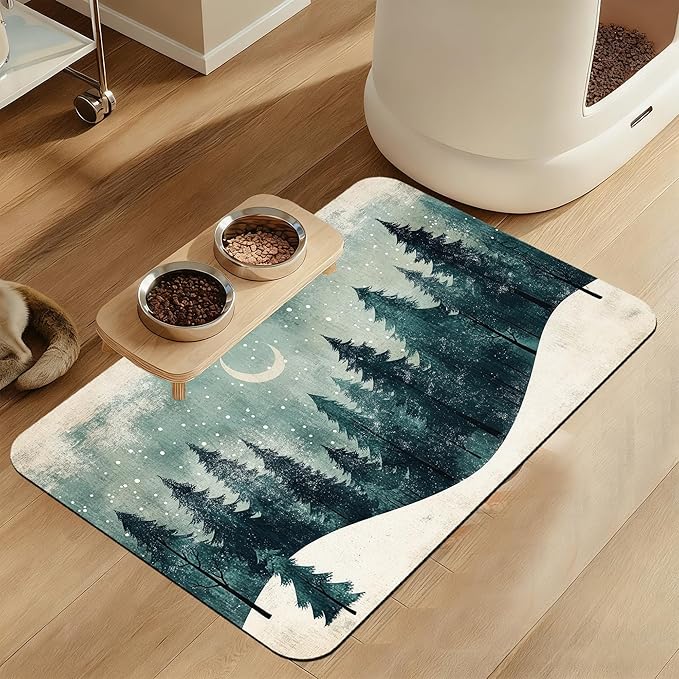 Mysty Winter Fores Pet Feeding Mat–Christmas Stocking Quick Dry Absorbent Dog Cat Food Mat, Non Slip Waterproof Bowl Placemat for Messy Eaters, Pet Accessories for Floors 16"x24"