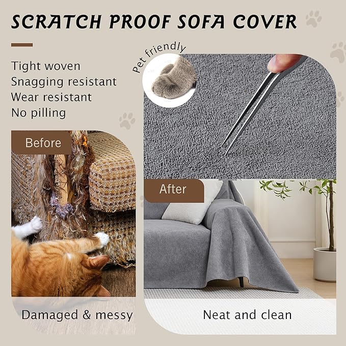 PuTian 100% Waterproof Couch Cover for Dogs - Anti-Scratch Washable Non Slip 2 Cushion Cover Blanket for L Shaped Sectional Recliner Chair Sofa Slipcover for Pet Cats Kids, 71''X102'' Boho Grey