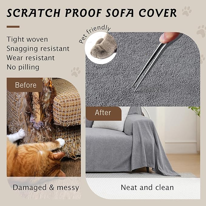 PuTian Couch Cover for Dogs - Waterproof Anti-Scratch Washable Non Slip 3 Cushion Cover Blanket L Shaped Recliner Sectional Arm Chair Sofa Slipcover for Pet Cats Kids, 71''X118'' Boho Grey