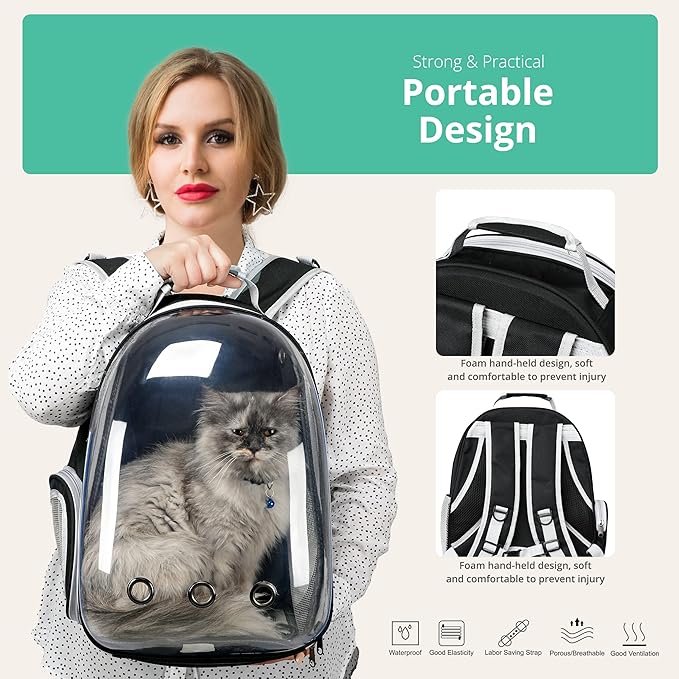 Cat Backpack Carrier with Collapsable Dog Bowl, Cat Collar & Interactive Cat Toy (4 Pcs Set)- Airline Approved Cat Carrier Bag for Medium Dogs & Cats, Animal Carrier Backpacks, Pet Backpack |Black