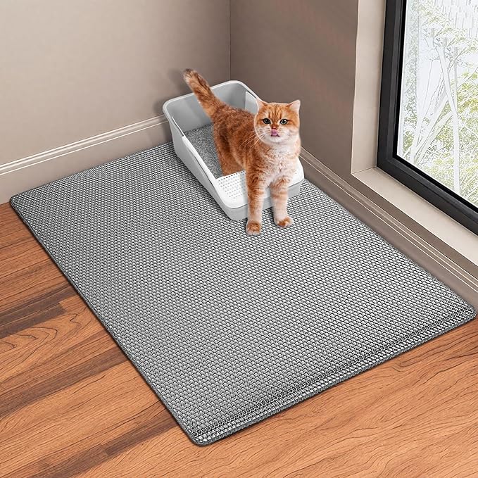 GRELY Cat Litter Mat, 32"x22" Litter Box Trapping Mat for Indoor Cat, 2 Layer Non-Slip Waterproof Urine Proof Collapsible Kitty Pet Rug