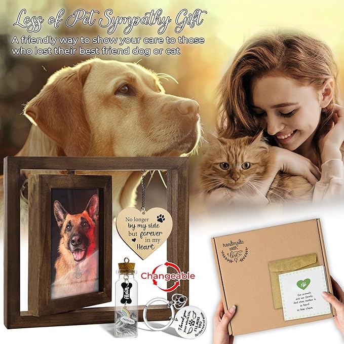 Pet Memorial Rotating 4x6 Picture Frame Wooden Gift for Dog Cat Fur Jar Rainbow Bridge Sympathy Keychain Loss Keepsake Message Card No Longer By My Side Tag In Memory Table Top Home Decor PR-6R