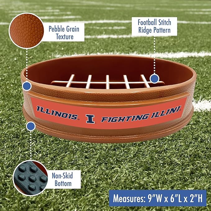NCAA Super-Bowl - Illinois Fighting Illini Slow Feeder Dog Bowl. Football Design Slow Feeding Cat Bowl for Healthy Digestion. Non-Slip Pet Bowl for Large & Small Dogs & Cats