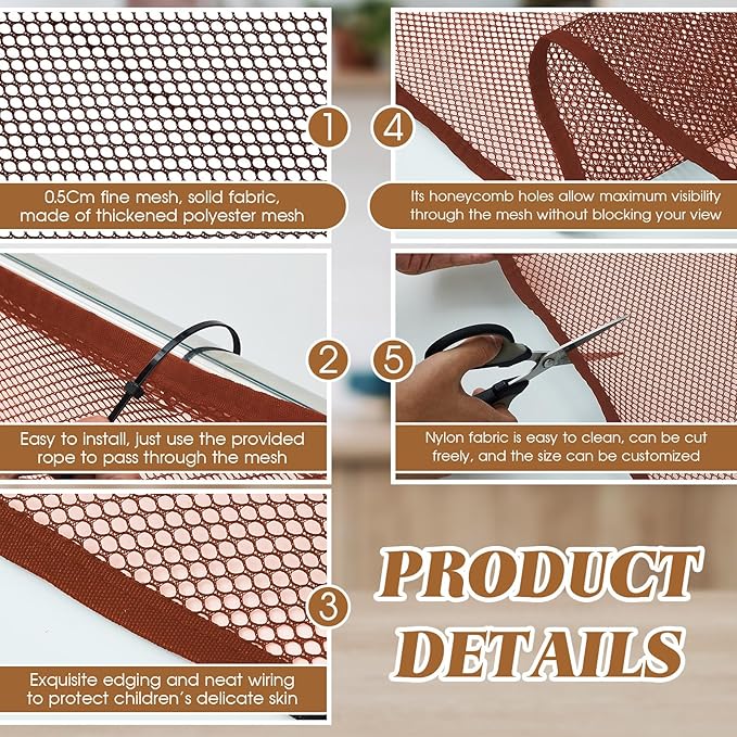 Hosuly Banister Guard 18 x 3 ft Balcony Netting for Kids Pets Stairway Safety Net Baby Fence Door Balcony Netting Safety Mesh Stair Net with No Drilling for Apartment Railing(Brown)