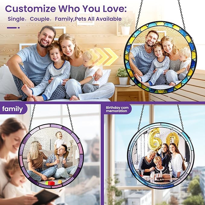 Personalized Photo Stained Glass Suncatcher 2026, Custom Family Picture & Message, Christmas Birthday Valentine's Day GrandparentDay Gift for Mom Dad Grandma Grandpa Parents Couple