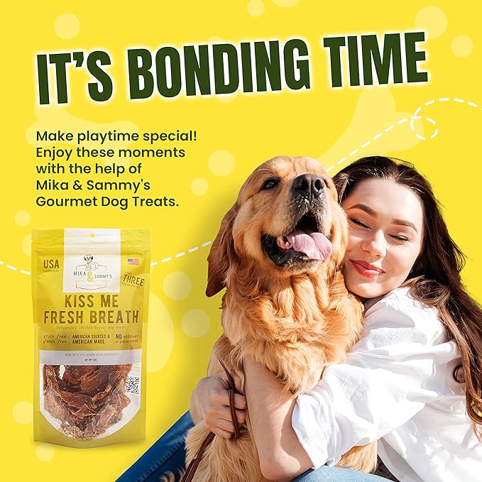 Mika & Sammy's Gourmet Chicken Jerky Dog Treats Made in USA - Kiss Me Fresh Breath - 5oz bag