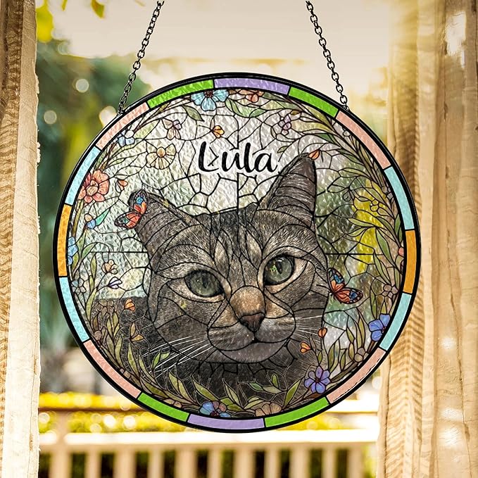 Custom Pet Memorial Sun Catcher, Glass Window Hanging with Photo, Floral Tribute Keepsake, Sympathy Gift for Dog or Cat Loss 2