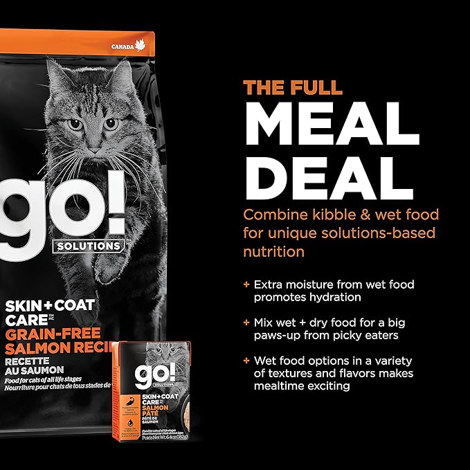 Go! Solutions Skin + Coat Care Salmon Grain-Free Dry Cat Food, Chicken-Free, Healthy Kibble with Omega-3s & 6s for Soft, Shiny Fur, for Kittens, Adults, & Seniors, 3 lb Bag