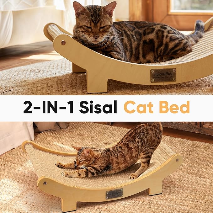FUKUMARU Cat Scratcher Bed Sisal, 23.6 Inch Durable Scratching Bed for Indoor Cats, Large Cat Scratch Pad, 100% Natural Sisal Hammock, Solid Wood Frame Lounger Chair for Sleep & Scratch (Wood)