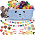 Zopeal 58 Pcs Valentine's Day Cat Storage Basket Gift Toys Set, Colorful Flashing Balls Pet Bell Crinkle Balls Spring Toys Attract Cat to Swat, Hunt, Interactive for Pet(Light Blue,9.8 Inch)