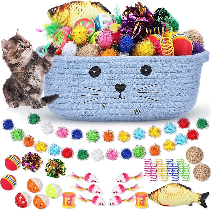 Zopeal 58 Pcs Valentine's Day Cat Storage Basket Gift Toys Set, Colorful Flashing Balls Pet Bell Crinkle Balls Spring Toys Attract Cat to Swat, Hunt, Interactive for Pet(Light Blue,9.8 Inch)