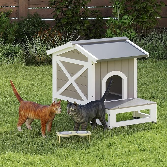 Cat House with Dual Escape Doors,Fir Wood Feral Cat Shelter for 1-2 Cats with Large Balcony,Weatherproof Feral Cat Enclosure with Elevated Floor|Openable Roof for Indoor Outdoor,Grey