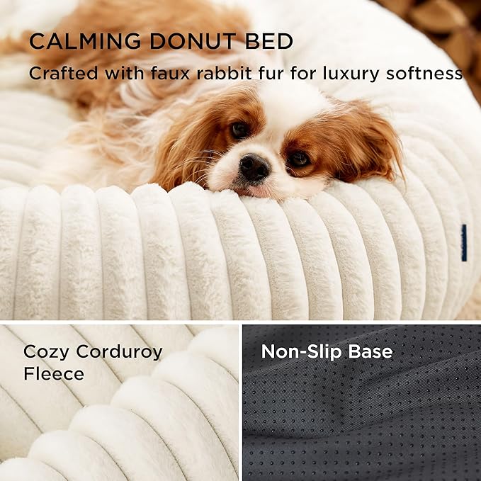Bedsure ComfyFleece Donut Small Dog Bed - Dog Beds for Small Dogs with Corduroy Fleece & Anti Slip Bottom, Round Faux Fur Pet Beds with Washable Removable Cover, Cream, 23x23x7 inches