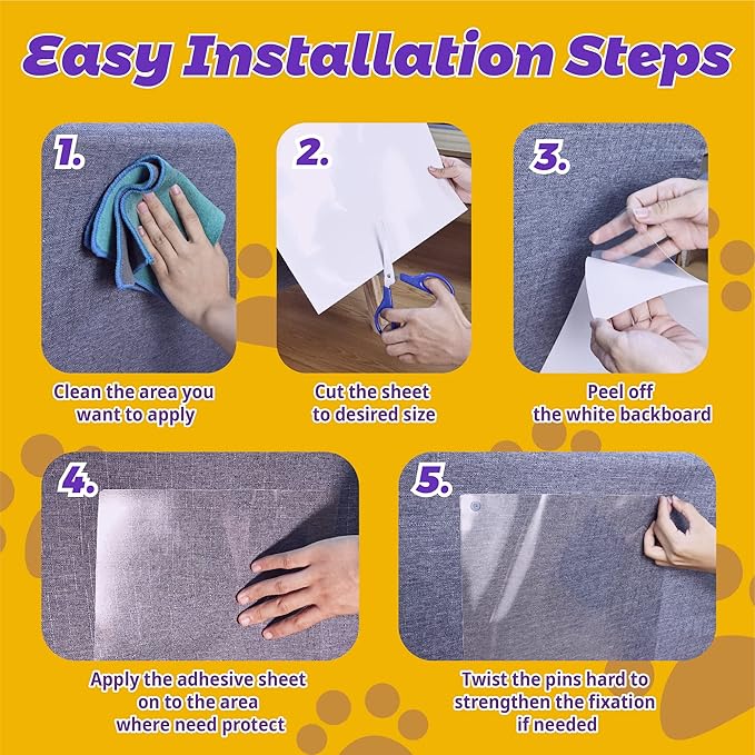 Anti-Cat Scratch Furniture Protector-12-Pack –Single-Sided, Heavy-Duty Self-Adhesive Tape, No-Residue for Couch, Doors & Walls - with 52 Twist Pins