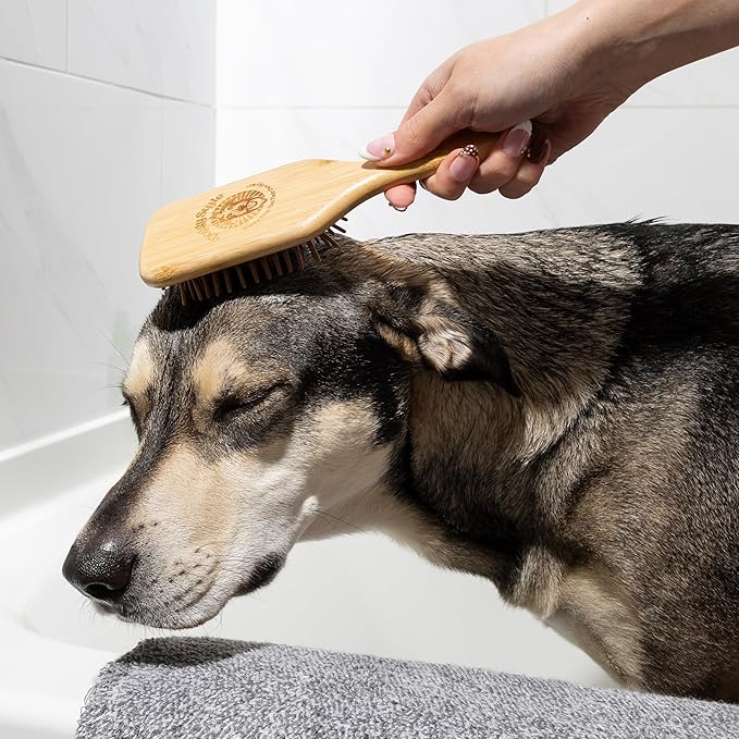 Large Bamboo Dog Grooming Brush for Medium & Large Dogs, Ergonomic Handle, Wooden Pin Bristles, Flexible Rubber Cushion, Sustainable Deshedding & Detangling