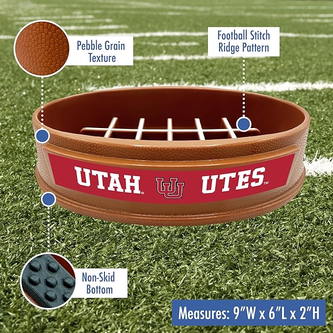 NCAA Super-Bowl - Utah Utes Slow Feeder Dog Bowl. Football Design Slow Feeding Cat Bowl for Healthy Digestion. Non-Slip Pet Bowl for Large & Small Dogs & Cats