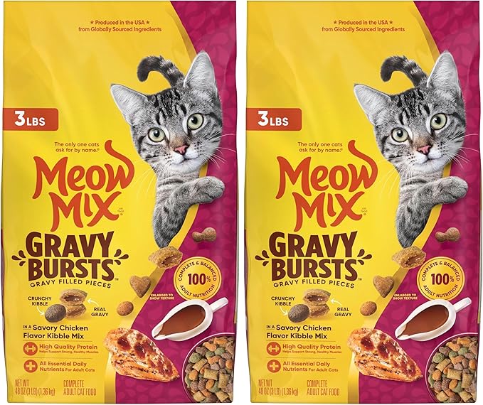 Meow Mix Gravy Bursts Dry Cat Food,Chicken,3 LB Bag,(Pack of 2)