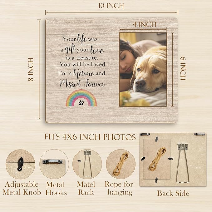 Pet Memorial 4x6 Picture Frame, Loss of Pet Sympathy Gift Dog Cat, Your Life Was a Gift Your Love Is a Treasure Picture Photo Frames for Desk Tabletop Wall Decoration