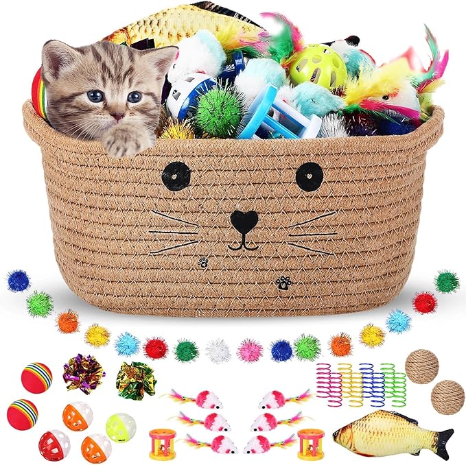 Zopeal 58 Pcs Valentine's Day Cat Storage Basket Gift Toys Set, Colorful Flashing Balls Pet Bell Crinkle Balls Spring Toys Attract Cat to Swat, Hunt, Interactive for Pet(Khaki,9.8 Inch)