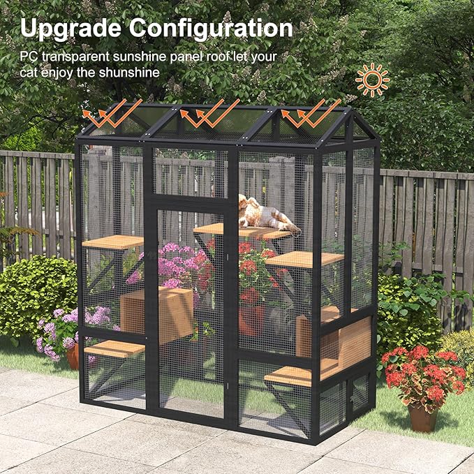 72" Large Catio Outdoor Cat Enclosure, Walk-in Cat Cage Cat House for Multiple Indoor Outdoor Cats, Cat Shelter 7 Platforms & 2 Resting Box, Waterproof Roof, UV Resistant (Black and Orange)