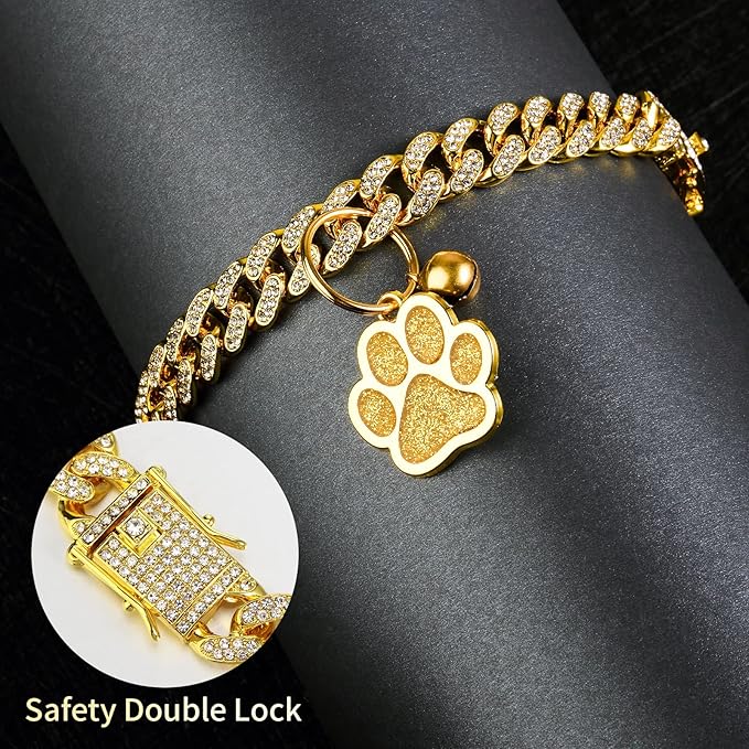 Hillban Cat Collar Diamond Chain Glitter Collar Walking Metal with Secure Buckle Cat Pet Necklace with Paw Charm and ID Tag Bell Link Cuban Jewelry Accessories Gift(8 Inch,Gold)