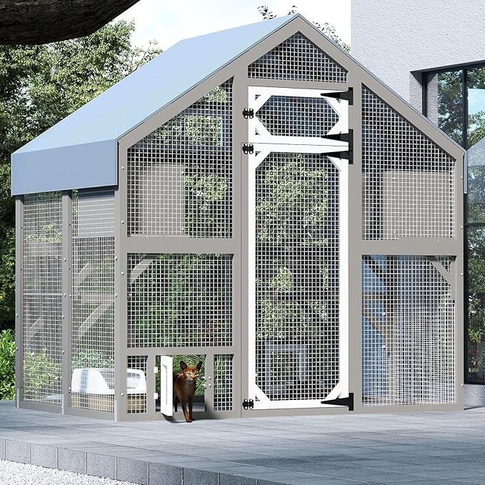 PetsCosset 71" H Catio Outdoor Cat Enclosure for Multiple Cats Large Wooden Walk in Cats House Outside Weatherproof Roof,Attached to House's Window,Cat's Door and Tunnel