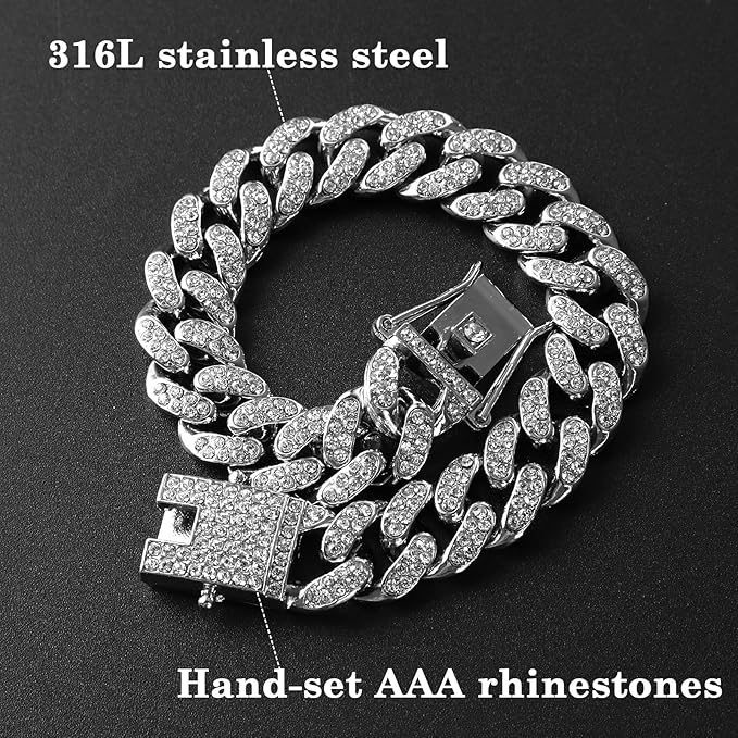 Amabro Cat Chain Collar, Diamond Cuban Link Kitten Walking Collar with Secure Buckle 12mm Wide Pet Rhinestones Necklace Metal Chain Jewelry Accessories for Cats Dogs Kittens Puppies 8inch(Silver)