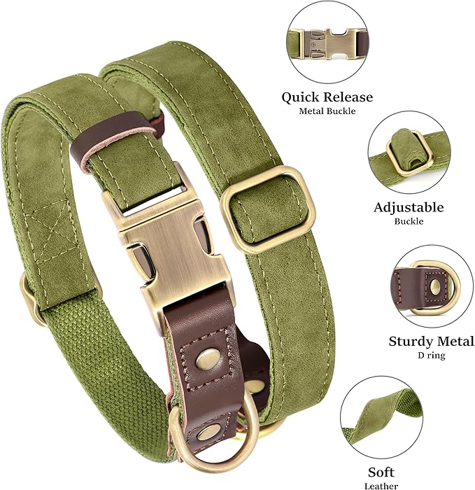 Didog Soft PU Leather Dog Collars for Medium Dogs,Classic Adjustable Dog Collars with Quick Release Metal Buckle,Easy Clean and Comfortable with Nylon Lining,Olive Green,M Neck 14-19"