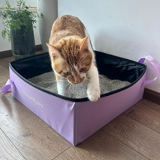 Portable Cat Litter Box, Firm Waterproof Foldable for Travelling for Cats, Including Crinkle Ball, Poop Bags, Foldable Bowl and Scoop, 15.8x15.8x5.9 inches (Light Purple)