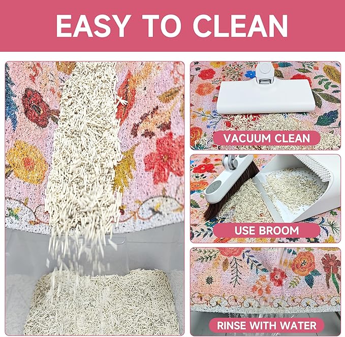 Cat Litter Mat, 35" x 23" Litter Box mat, Upgrade Non-Slip Kitty Litter mat, Traps 100% Litter, Soft on Kitty Paws, Easy Clean for Scatter Control, Bohe cat Food mat, Urine Waterproof