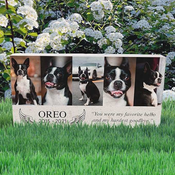 Custom Dog Memorial Stone, Personalized Pet Headstones for Dogs, Outdoor Pet Grave Markers with Photo Print and Text, Loss of Pet Sympathy Gift, 12”x6”x1.25" Pet Grave Stone (B. Oreo Design)