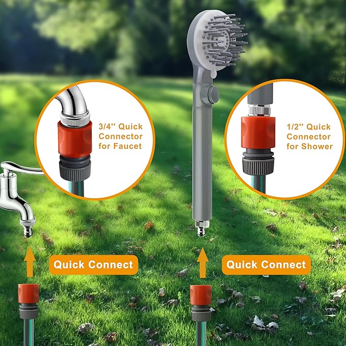 YOO.MEE Pets Bathing Shower, Dog Washing and Cleaning Out-Door, w/Rubber Grooming Teeth for Massaging and Grooming, w/Pause Button, Fitting on 3/4'' Garden Faucets