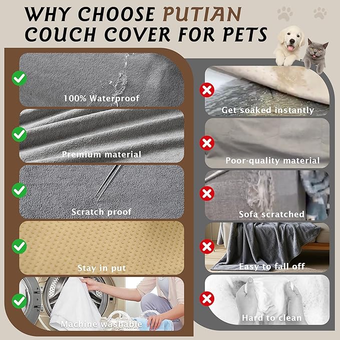 PuTian 100% Waterproof Couch Cover for Dogs - Anti-Scratch Washable Non Slip 2 Cushion Cover Blanket for L Shaped Sectional Recliner Chair Sofa Slipcover for Pet Cats Kids, 71''X118'' Boho Grey
