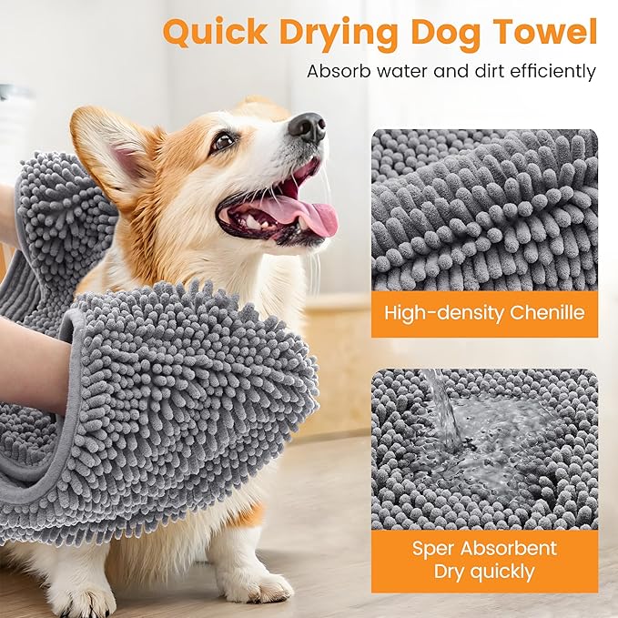 Smiry Chenille Dog Drying Towel, Extra Absorbent Bath Towel for Mud Dogs, Ultra Soft Quick Dry Pet Wash Mitt for Bathing, Grooming and Post-Walk Cleaning (38x15 Inches, Grey)