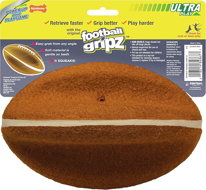 Nylabone Power Play Felt Football Gripz Fetch Toy, Squeaky Ball Chew Toy for Dogs, Large (1 Count)