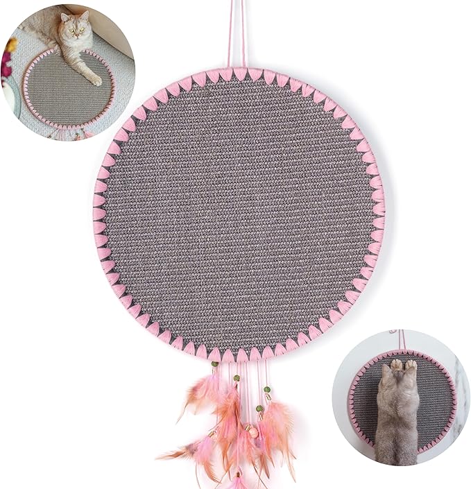 Cat Scratcher Mat for Indoor Cats Modern Carpets Nature Sisal Feather Tassel Round Horizontal Floor Wall Mounted Cat Scratching Pads Furniture Protector for Wall Couch Sofas