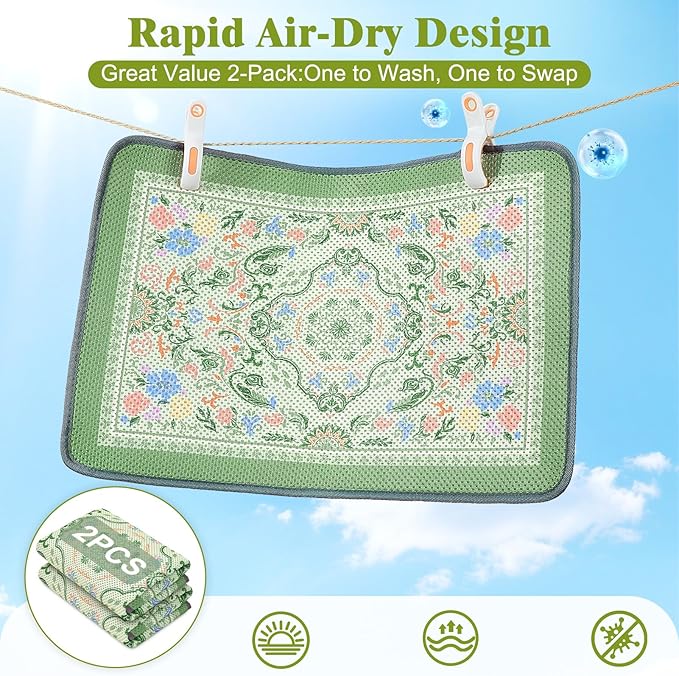 Unicorn Catcher 40X30in 2packCat Litter Mat Machine Washable Soft 3D Air Mesh Litter Box Rug Non-Slip Backing Quick Dry Scatter Control for Paws,Bean Green