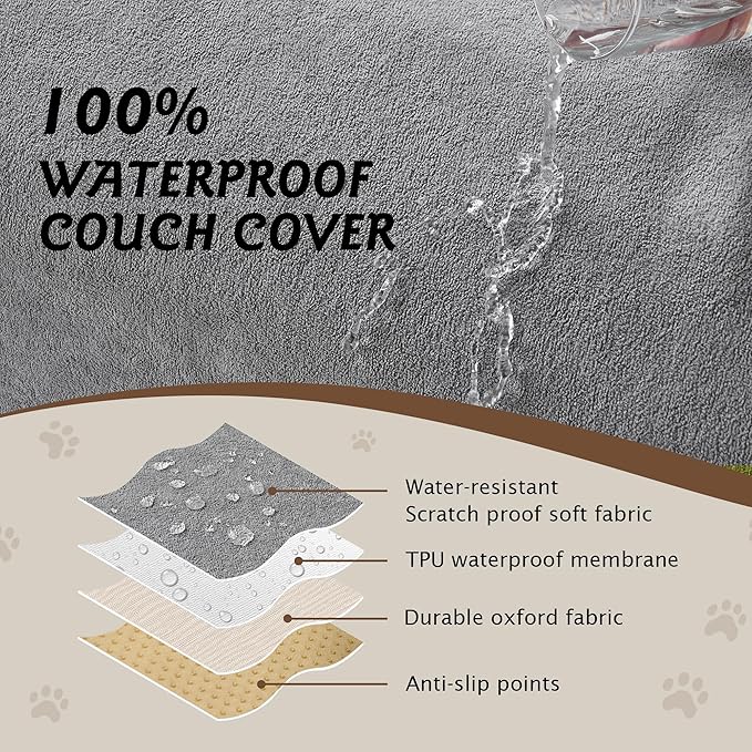 PuTian 100% Waterproof Couch Cover for Dogs - Anti-Scratch Washable Non Slip 2 Cushion Cover Blanket for L Shaped Sectional Recliner Chair Sofa Slipcover for Pet Cats Kids, 71''X118'' Boho Grey