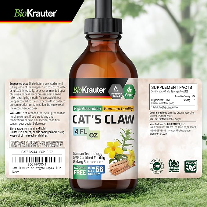 BIO KRAUTER® Сats Сlaw - Liquid Drops Pure Vegan Cats Claw Herb Supplement 625 mg per Serving 4 Fl.Oz 56-Day Supply - Used for Digestive & Immune Support, Natural Antioxidant - Alcohol & Sugar Free