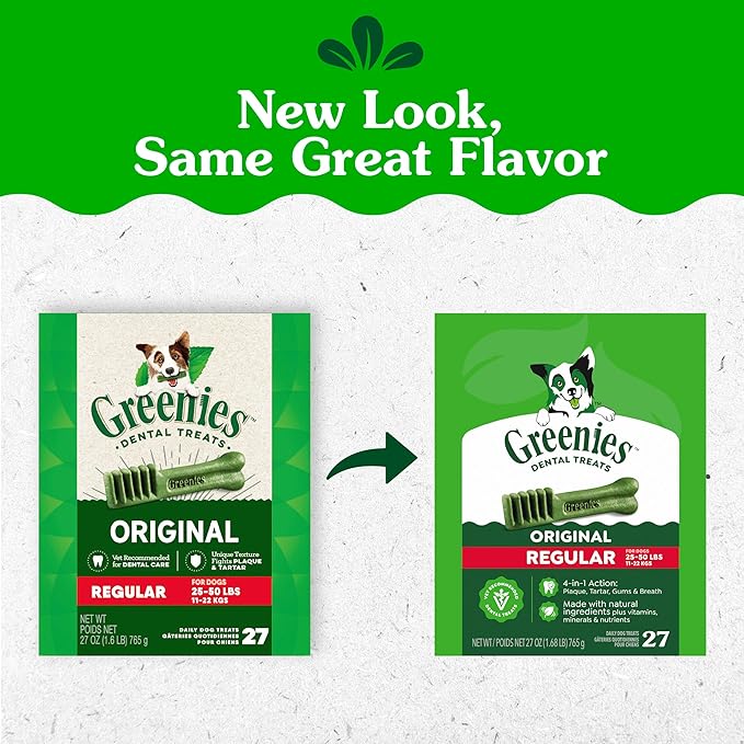Greenies Veterinarian-Recommended Adult Natural Dental Dog Treats Regular Size, Dog Dental Chews, Original Flavor, 27 oz. Pack, 27 Count