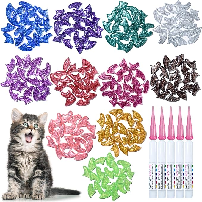 100 pcs Cat Nail Caps | Cat Claw Covers with Adhesives and Applicators | 5X Different Glitter Colors (M)
