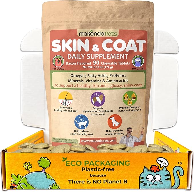 Skin and Coat Supplement with Fish Oil and Omega 3 for Dogs and Cats - Dog Itch Relief Pet Supplement for Shedding, Dry Itchy Skin and Allergies - Dog Allergy Treatment Vitamins (90 Tabs)
