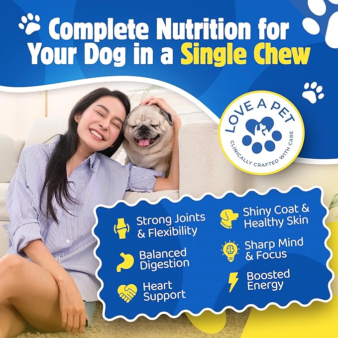 Enhanced Multivitachew – Dog Supplies Multivitamin Soft Chews with Glucosamine for Dogs – Supports Joints, Skin, Coat & Digestion – Dog Vitamins & Omega, Probiotics – 120 Bacon Chews