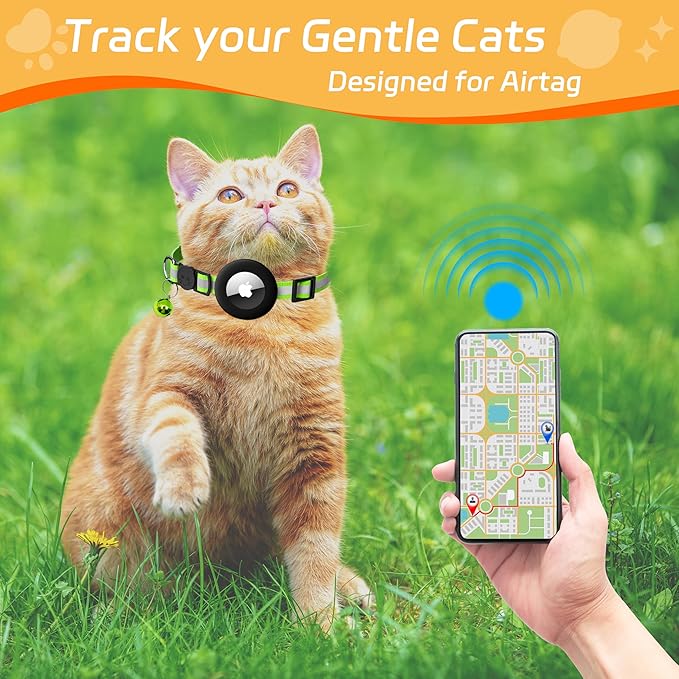 Cat Collar with Air Tag Holder, Reflective Kitten Collar with Bell, Breakaway Airtag Cat Collar for Boys Girls Cats, GPS Tracker for Cats 0.4’’ Width Adjustable Safe Kitty Collar, Neon Green