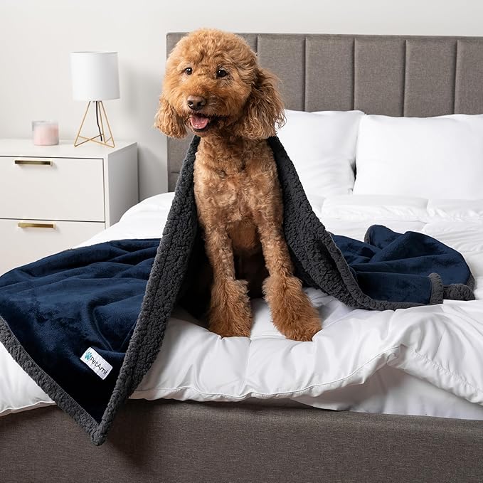 PetAmi Waterproof Dog Blanket for Medium Large Dog Puppy Cat Throw for Couch Cover Leakproof Protection, Sherpa Fleece, Reversible Soft Washable 60x40 Navy Gray